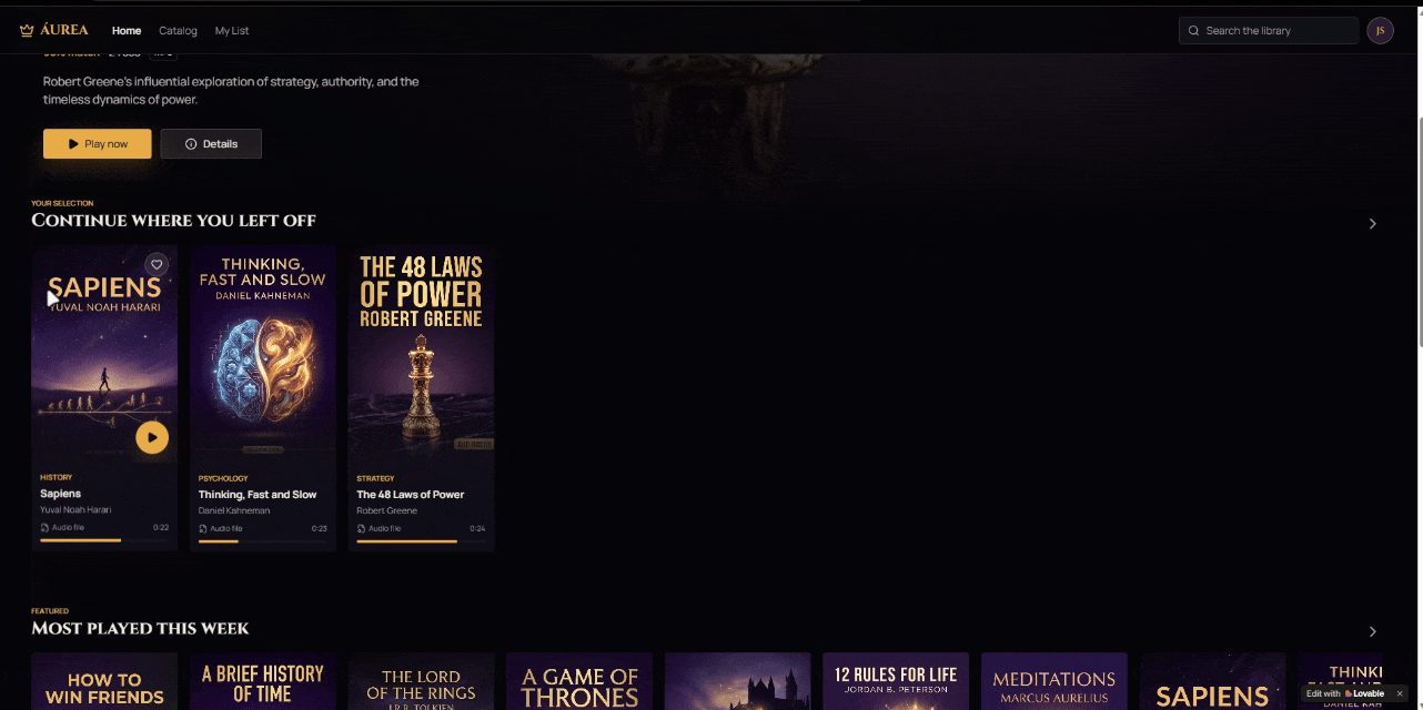Animated preview of the real audiobook library interface